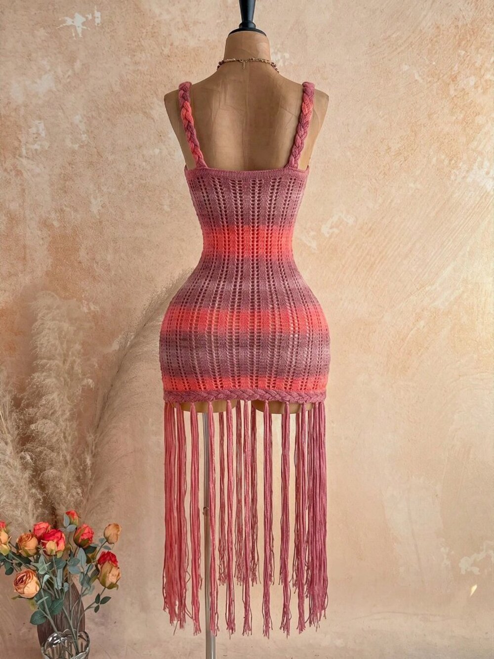 Burgundy Sexy Women's Exaggerated Tassel Braided Rope Knit Mini Dress - Picture 2 of 7